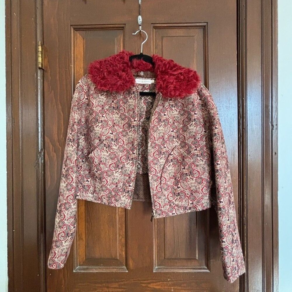 Tory Burch Runway Jacquard Jacket Size 6 Red Lamb Fur Collar Silk Lined